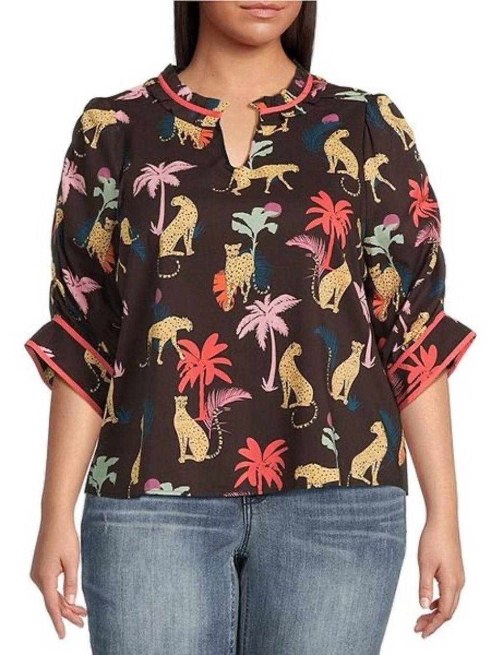 NWT Democracy Cheetah Print Blouse Brown Tropical Leopard Palm Top Plus 1X